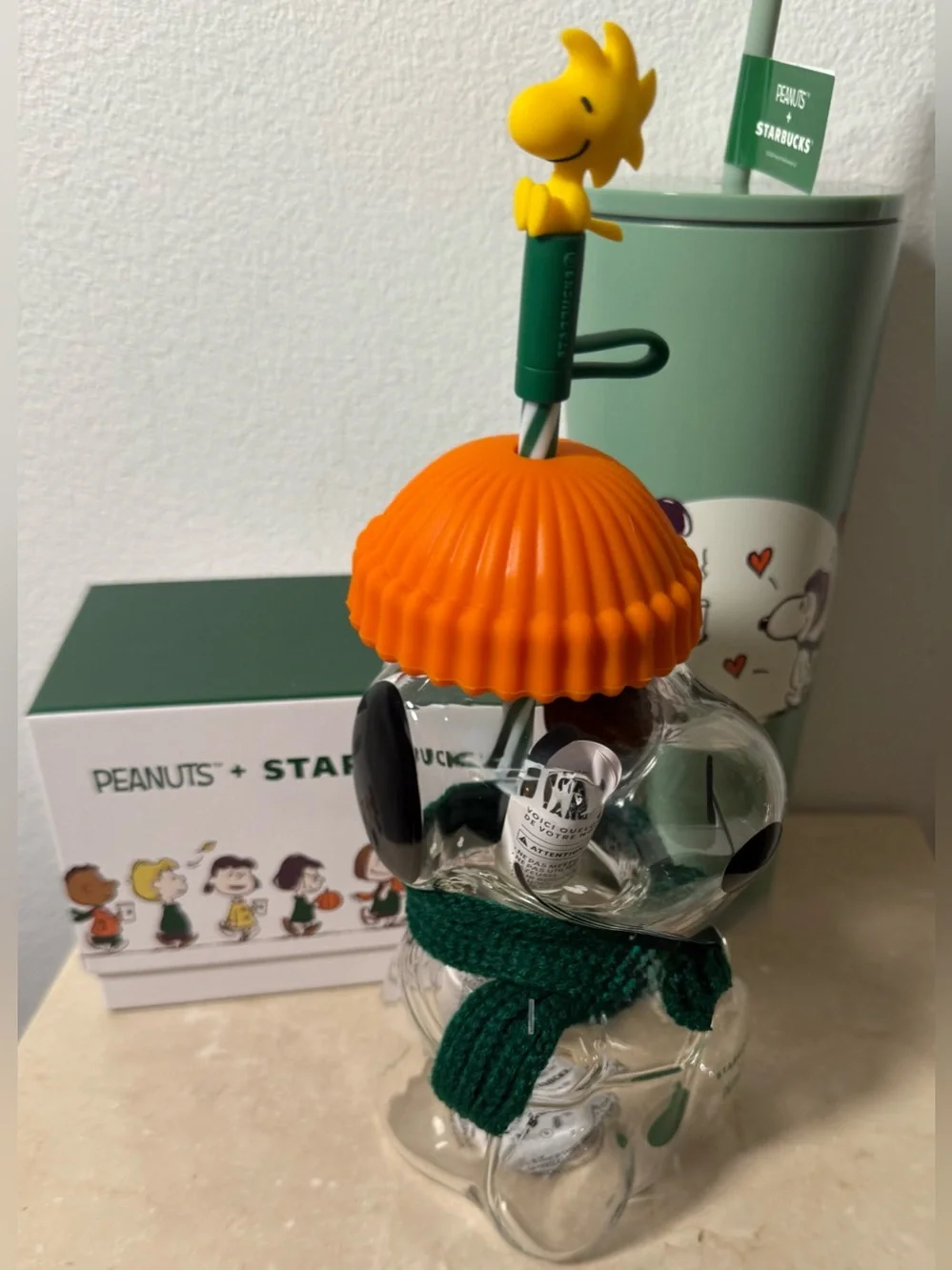 (3) Starbucks, Snoopy glass cold cup, stainless steel cold cup, & ceramic mug.